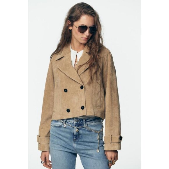 ZARA 100% LEATHER SHORT TRENCH COAT - Picture 6 of 13